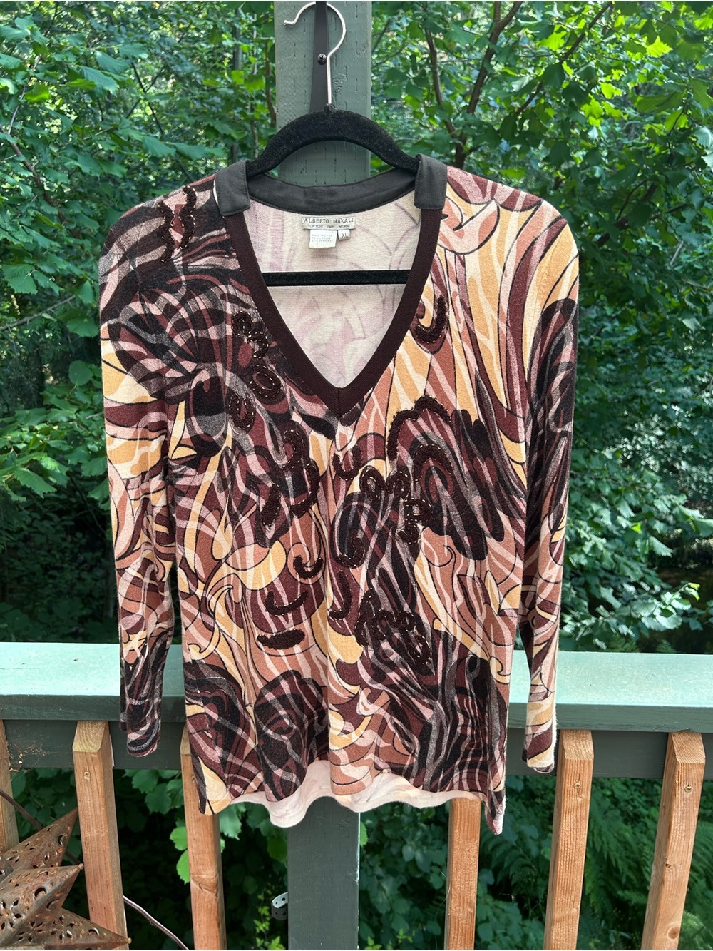 Alberto Makali Brown, Pink & Cream Abstract V-Neck Long Sleeve Top